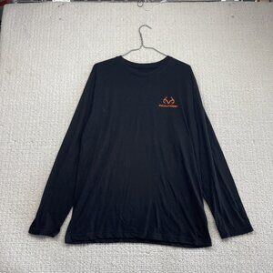 Realtree Long Sleeve Black T-Shirt Logo Stretch Men’s Sz M Hunting Forest Deer